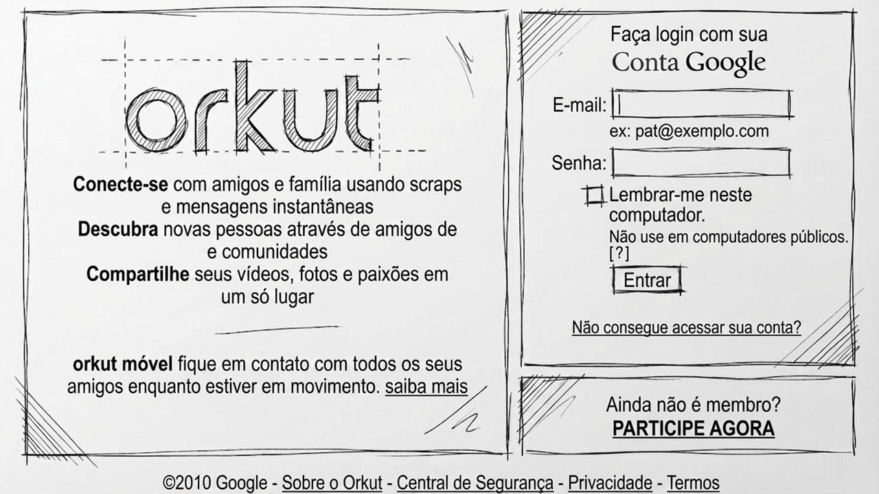 Imagem em baixa fidelidade (preto e branco, em formato de desenho manual) com reprodução da tela de login do sistema Orkut tal como no ano de 2010.