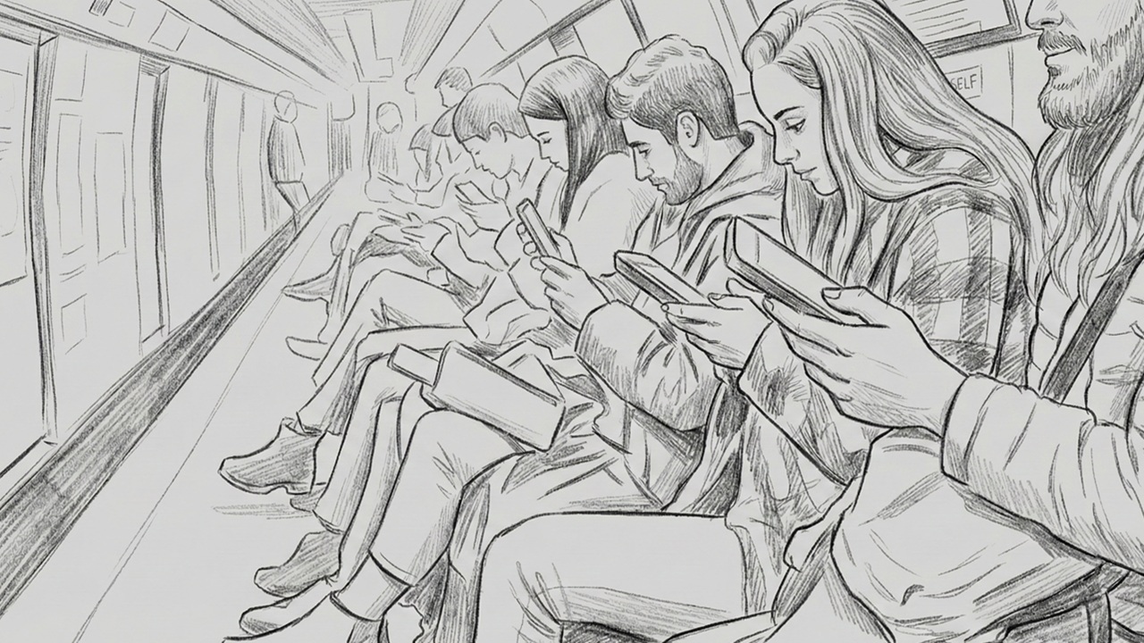 Imagem em baixa fidelidade (preto e branco, em formato de desenho manual) de pessoas sentadas em uma estação, olhando para a tela do smartphone enquanto aguardam o metrô.