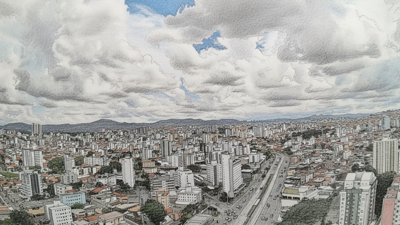 Low‑fidelity drawing created from a photo taken on December 17th, 2025, showing a partial view of Belo Horizonte, Brazil, on a rainy day.